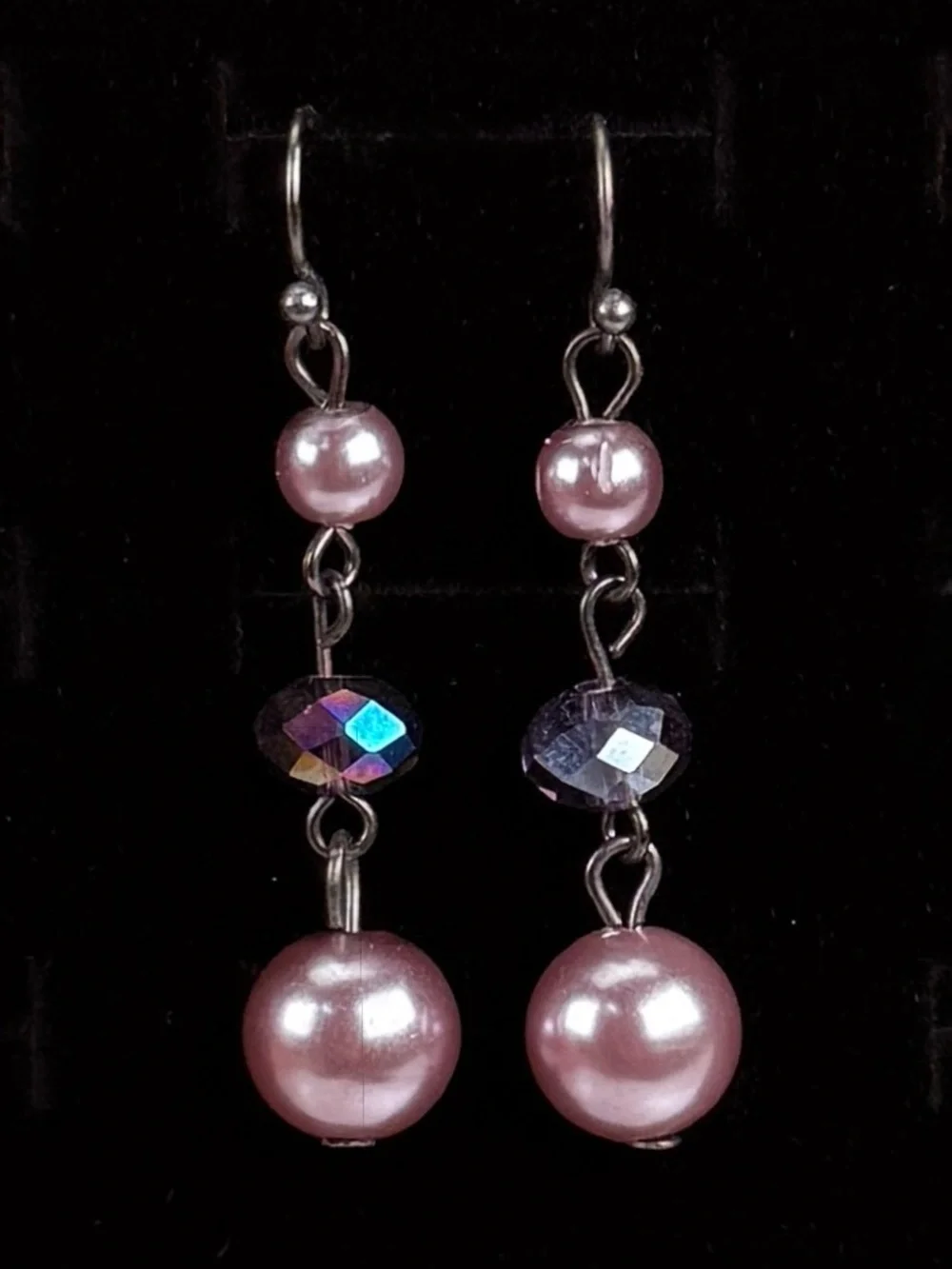 Light purpleish pink, smoky gray reflective, bead costume pierced earrings